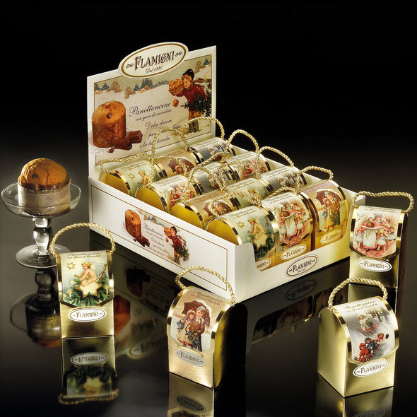 Small panettone with chocolate chips in a placeholder tin 80gr Flamigni